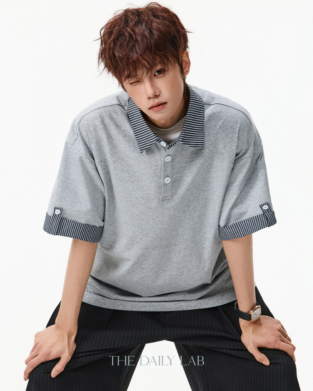 Layered Stripe Polo Tee in Grey