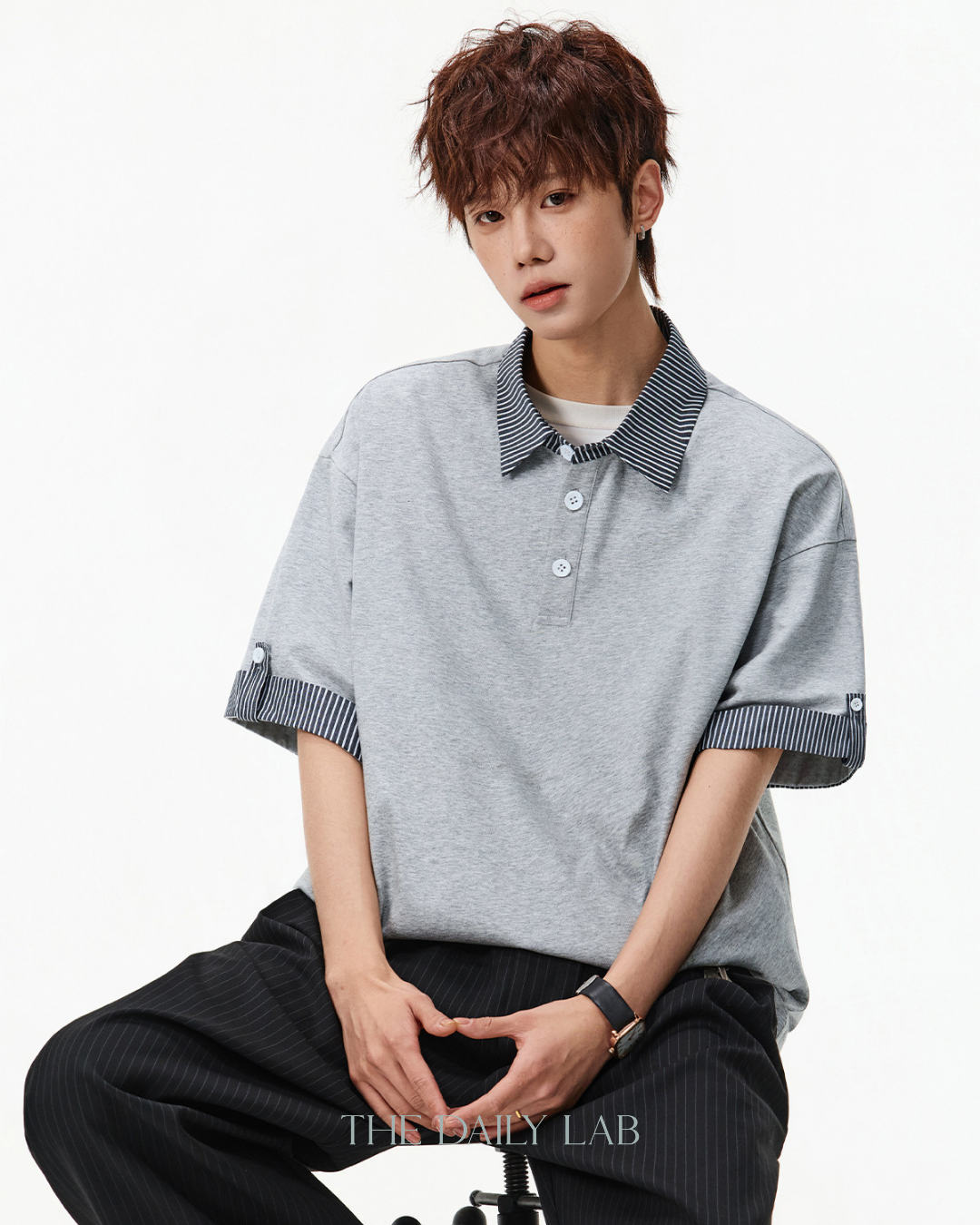 Layered Stripe Polo Tee in Grey