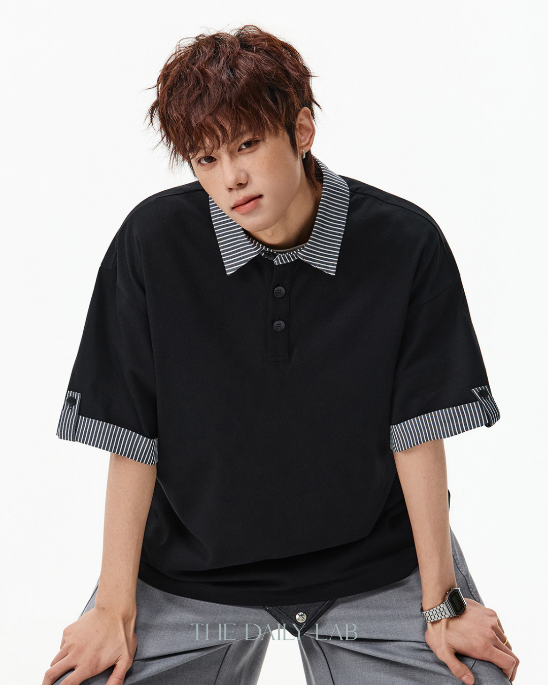 Layered Stripe Polo Tee in Black