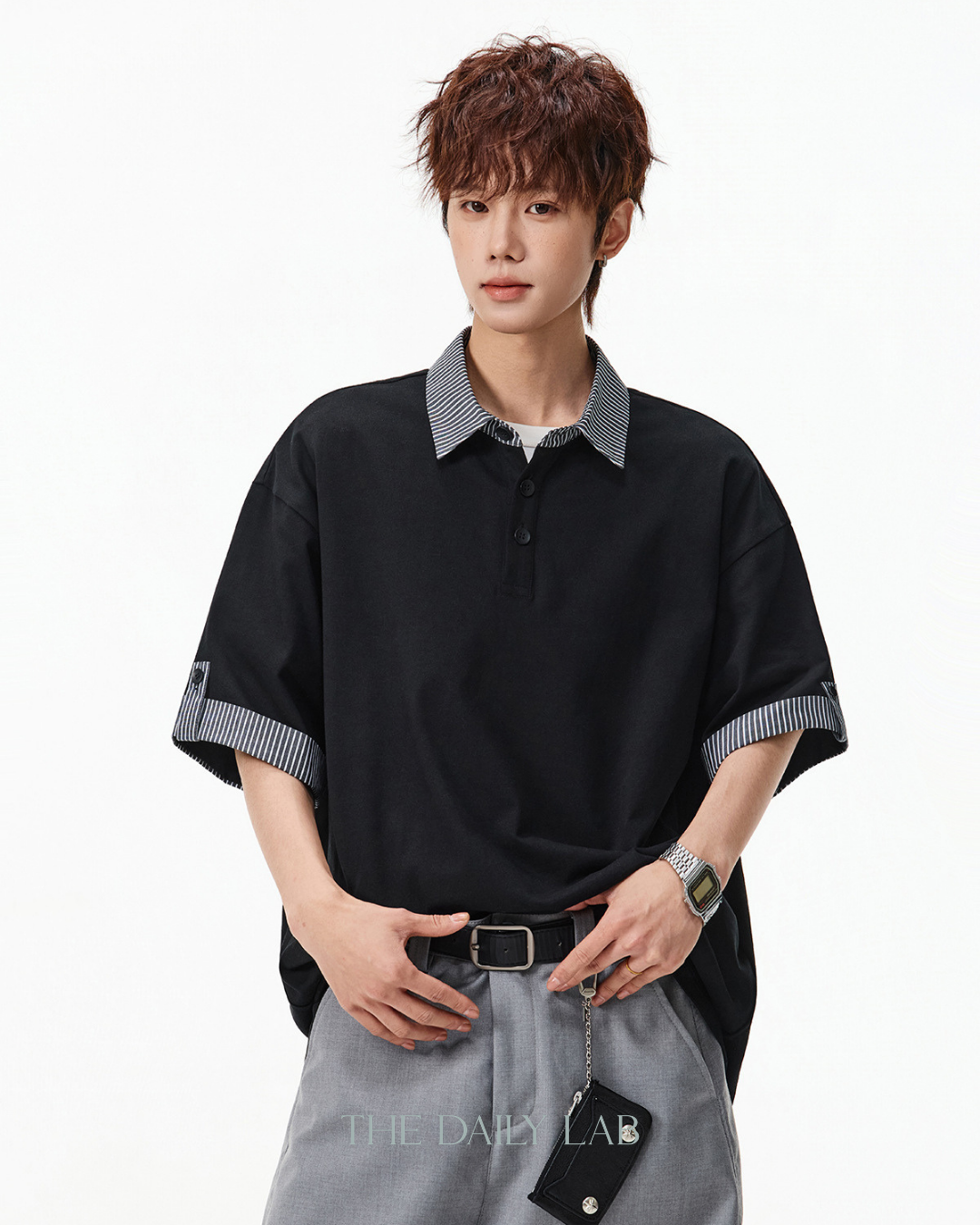 Layered Stripe Polo Tee in Black