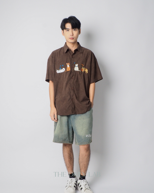 Vintage Corduroy Cat Embroidery Shirt in Brown