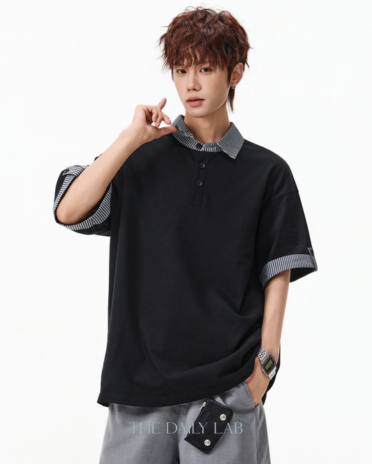 Layered Stripe Polo Tee in Black