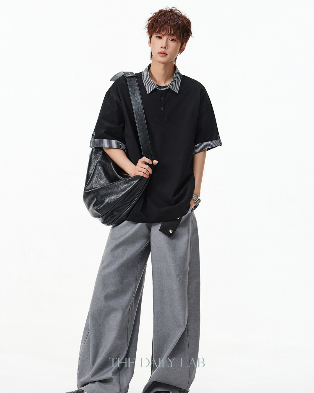 Layered Stripe Polo Tee in Black