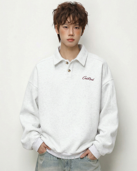 Get Real Varsity Long Sleeve Polo in White