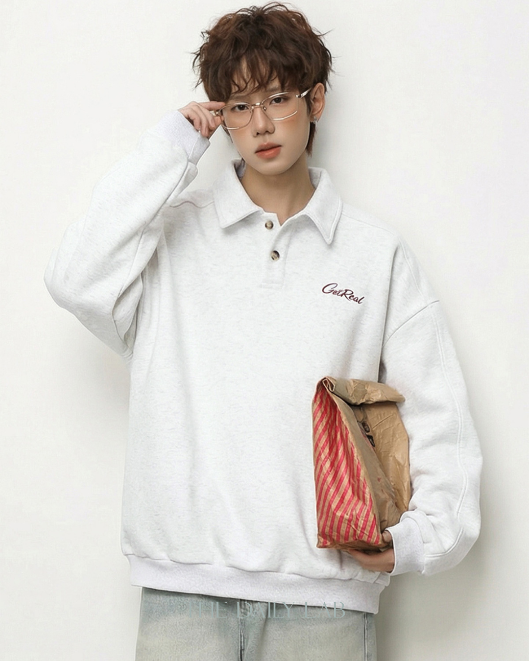 Get Real Varsity Long Sleeve Polo in White