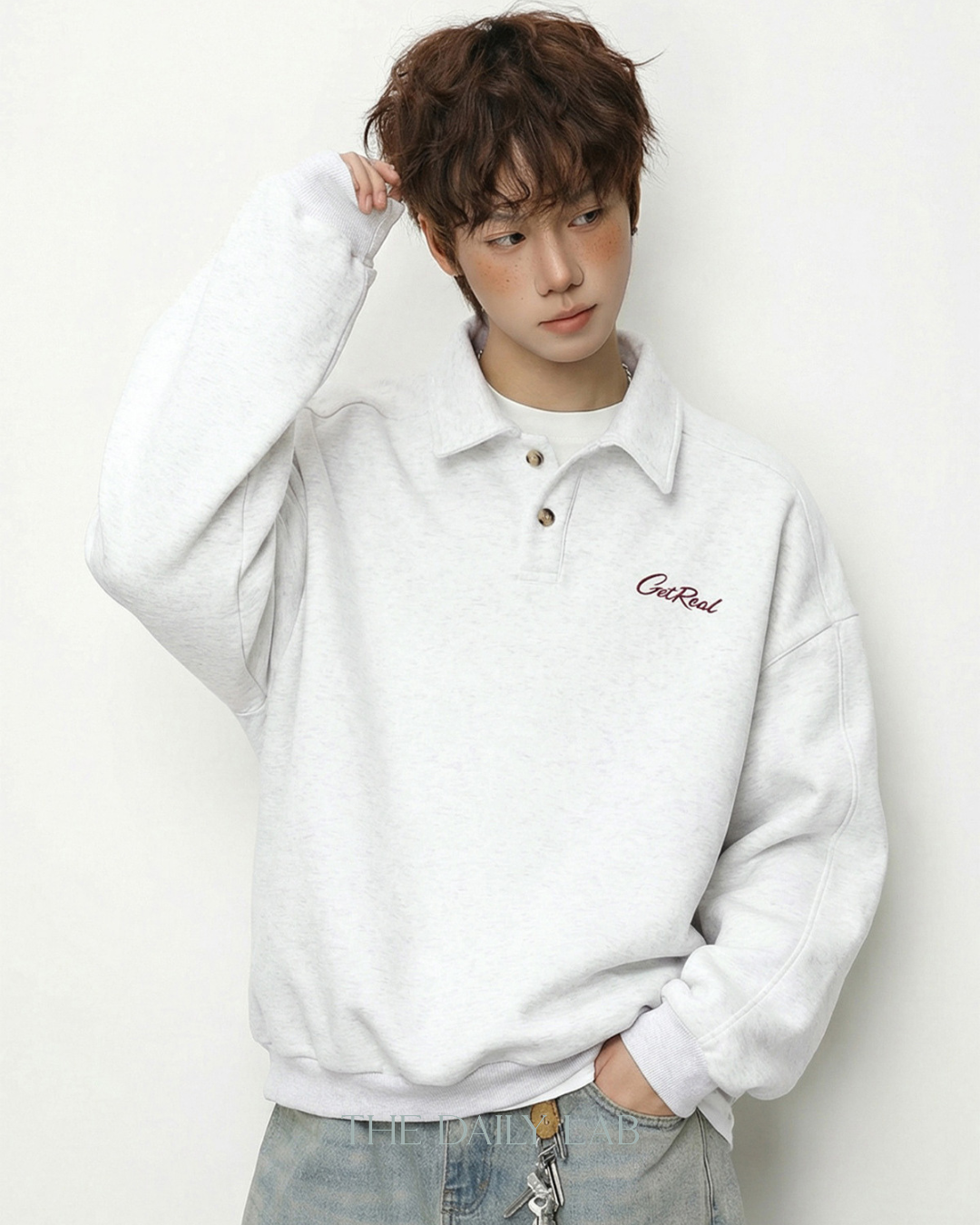 Get Real Varsity Long Sleeve Polo in White