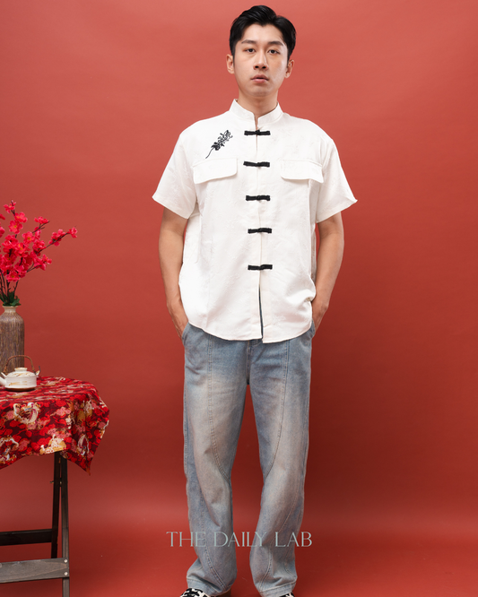 Embroidered Mandarin Collar Tang Shirt