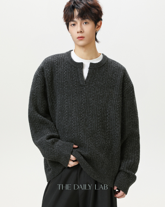 Oversized V-Neck Knit Sweater in Black