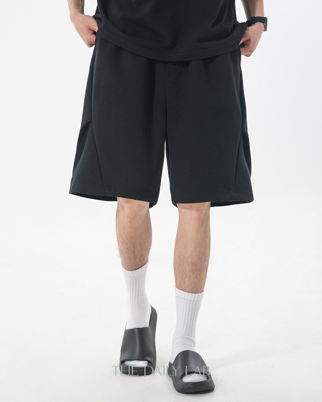 Geometric Pleated Shorts in Black