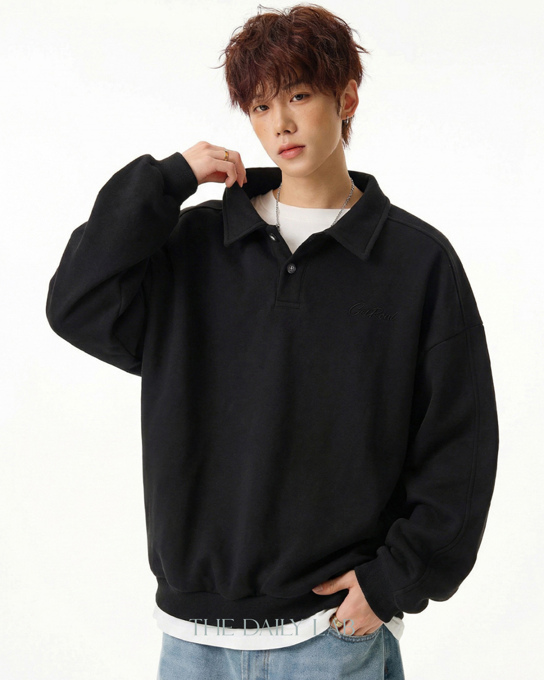 Get Real Varsity Long Sleeve Polo in Black