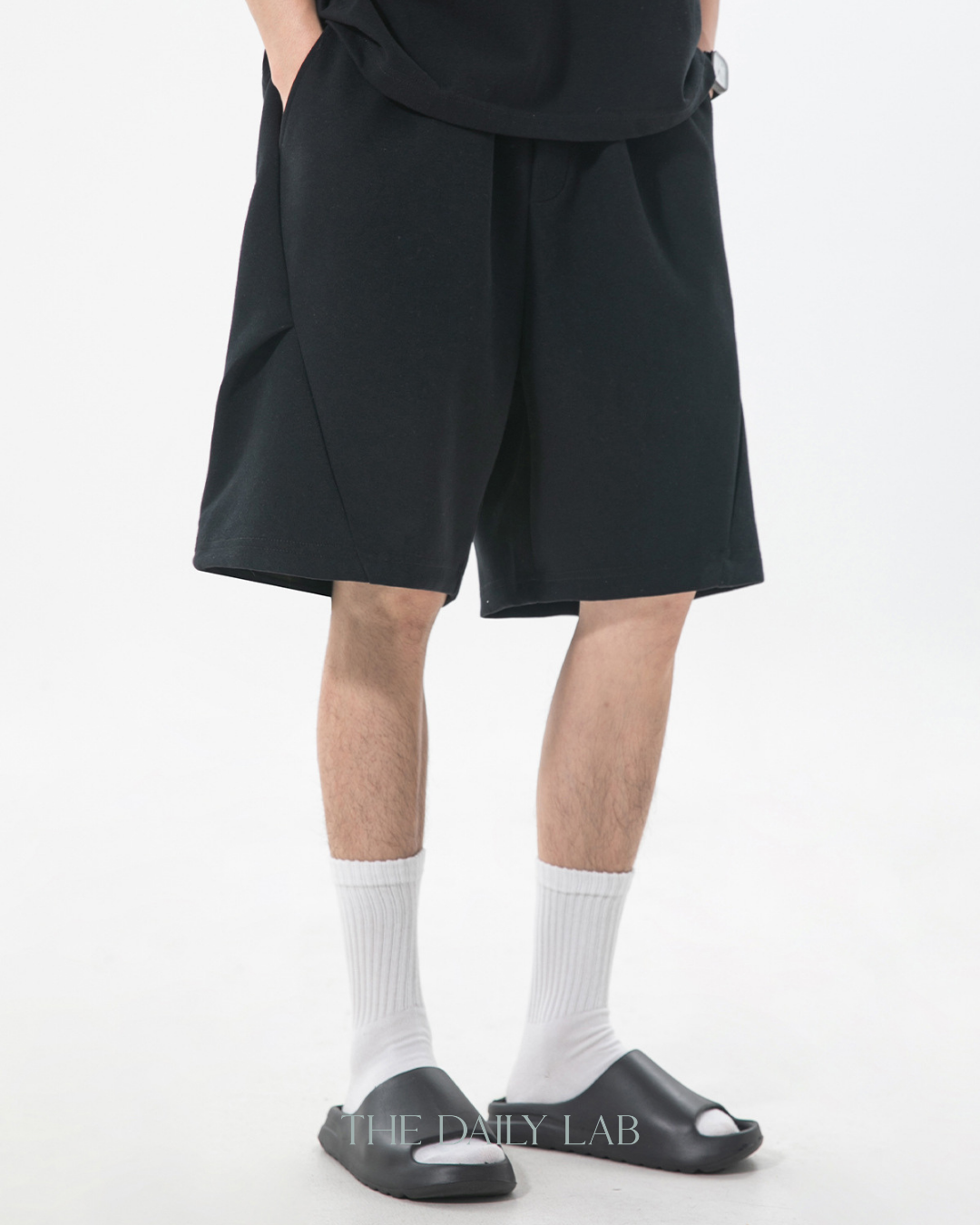 Geometric Pleated Shorts in Black