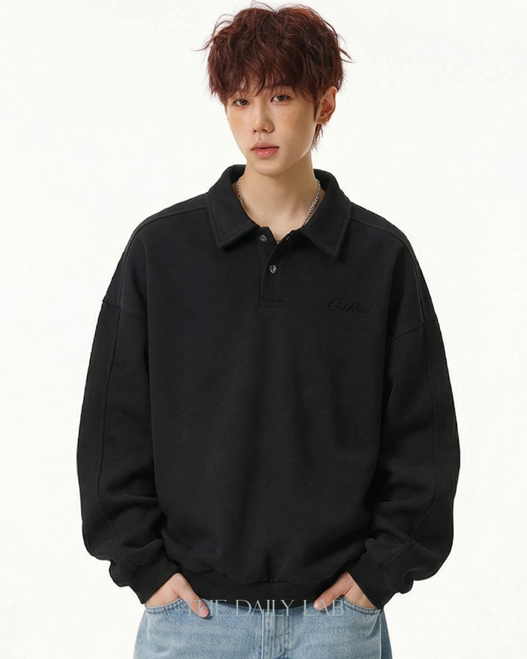 Get Real Varsity Long Sleeve Polo in Black