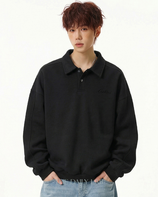 Get Real Varsity Long Sleeve Polo in Black