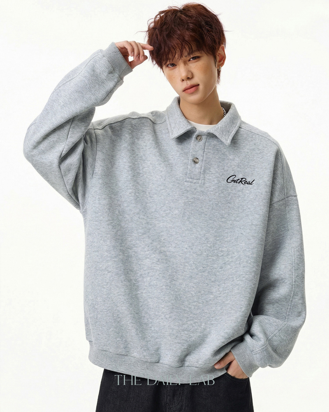Get Real Varsity Long Sleeve Polo in Grey