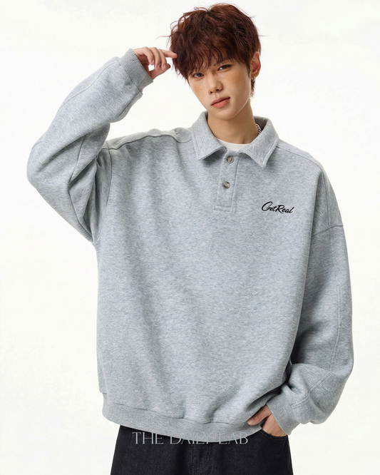 Get Real Varsity Long Sleeve Polo in Grey