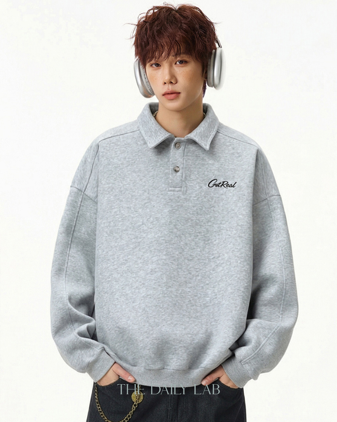 Get Real Varsity Long Sleeve Polo in Grey