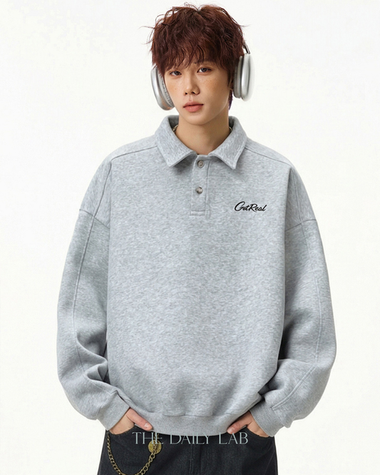 Get Real Varsity Long Sleeve Polo in Grey