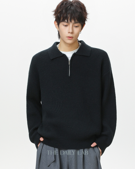 Heavyweight Half-Zip Knit Sweater in Black