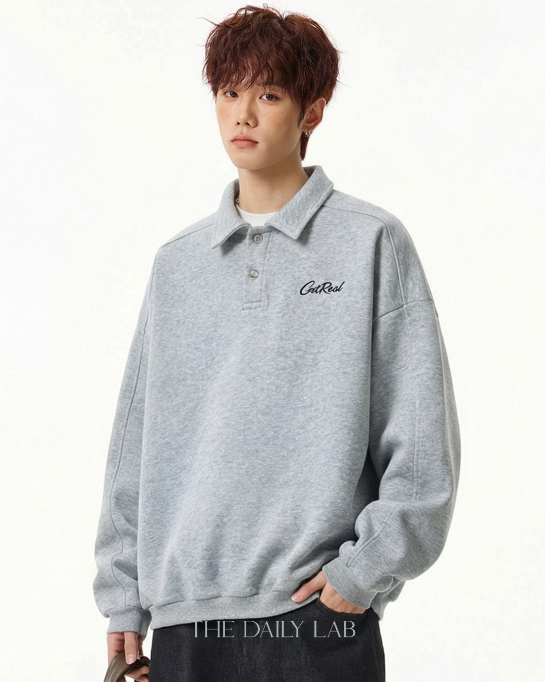 Get Real Varsity Long Sleeve Polo in Grey