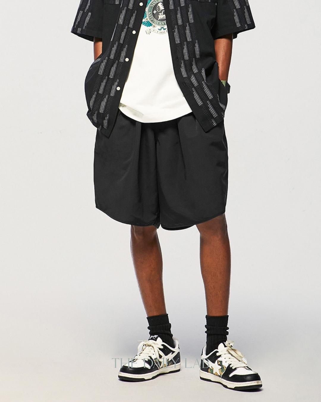 Loose Fit Double Pleated Shorts in Black