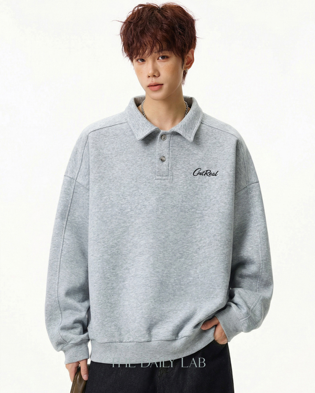 Get Real Varsity Long Sleeve Polo in Grey