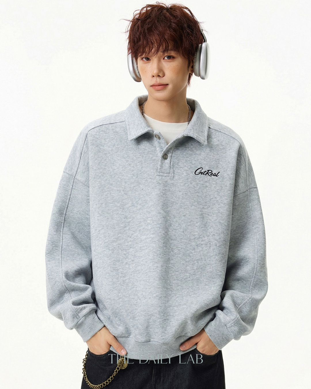 Get Real Varsity Long Sleeve Polo in Grey