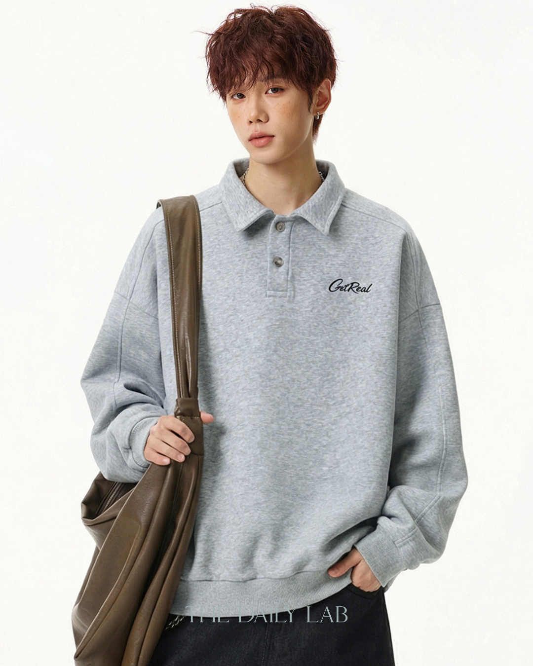 Get Real Varsity Long Sleeve Polo in Grey