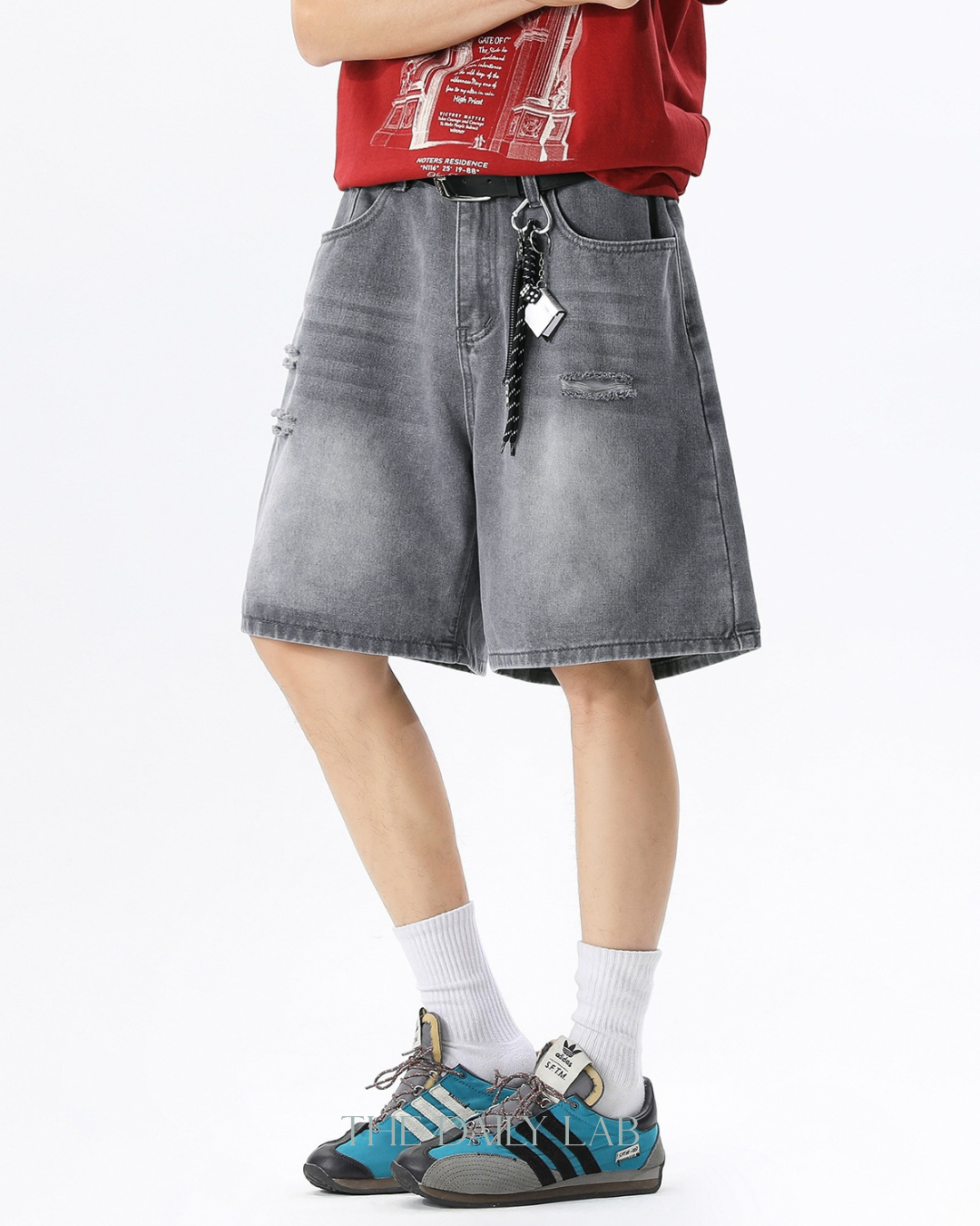 Ripped Hole Denim Loose Pants in Grey