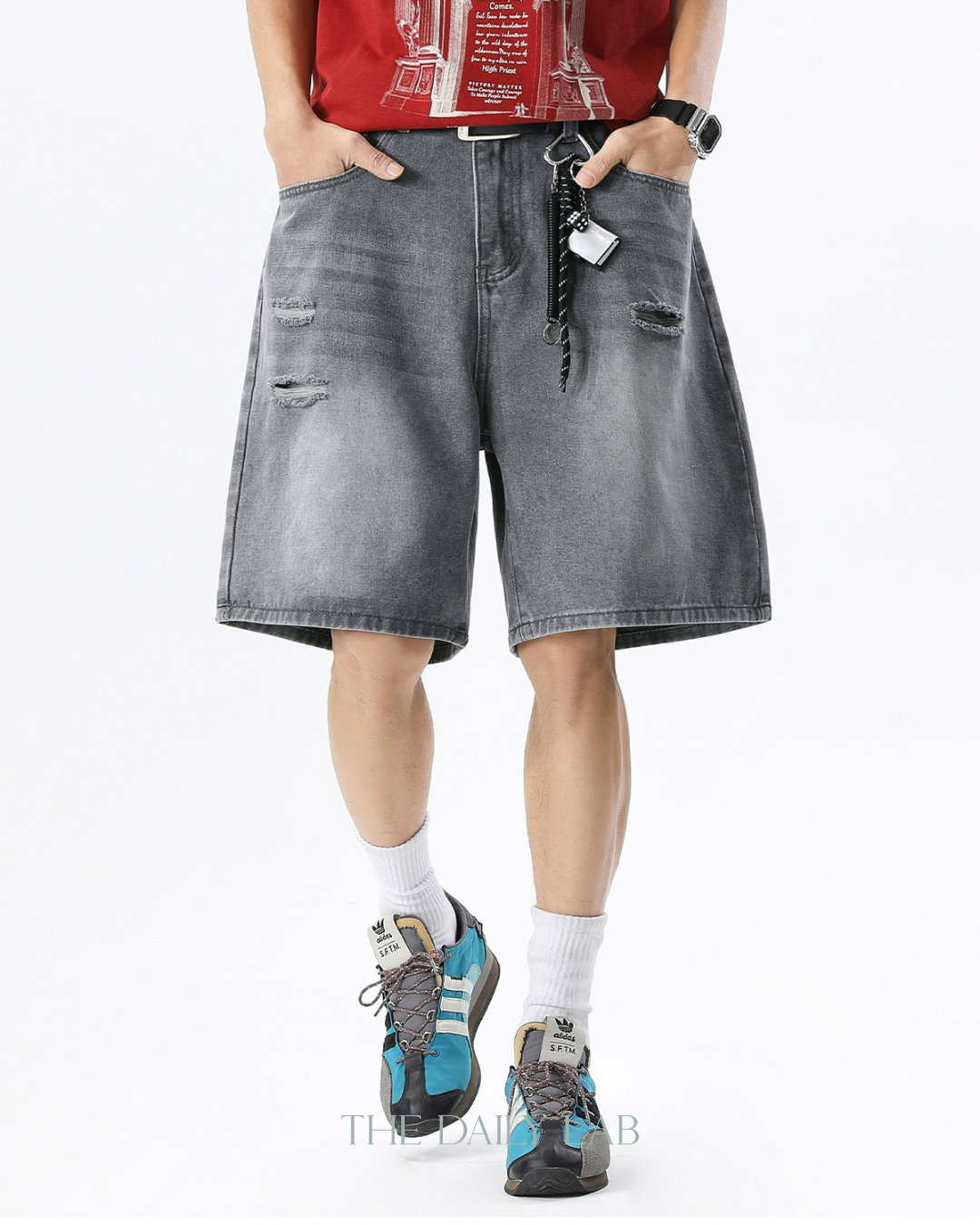Ripped Hole Denim Loose Pants in Grey