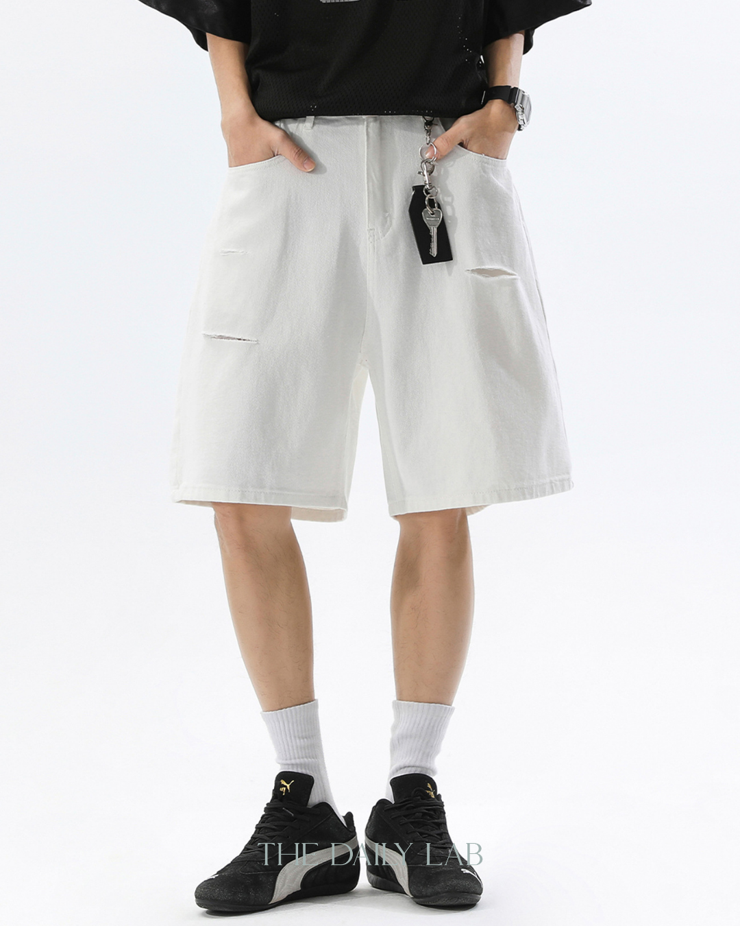 Ripped Hole Denim Loose Pants in White