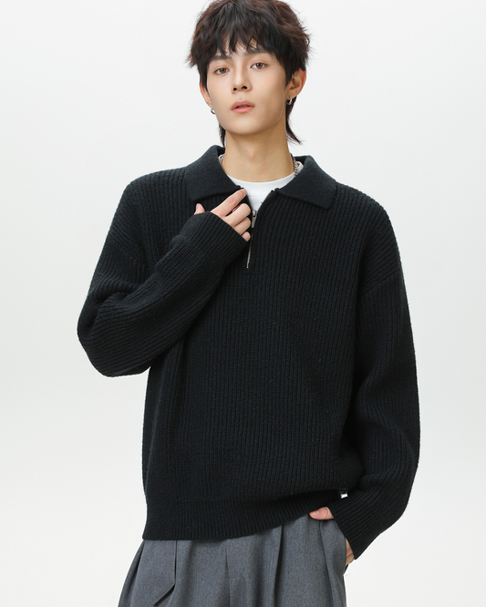 Heavyweight Half-Zip Knit Sweater in Black