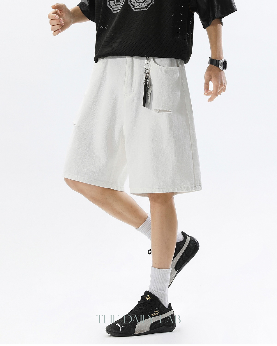 Ripped Hole Denim Loose Pants in White