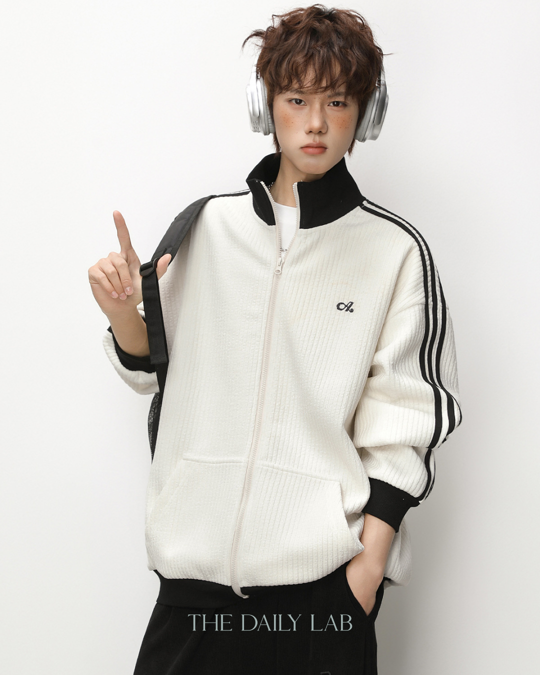 Patchwork Vertical Texture Hoodie in White
