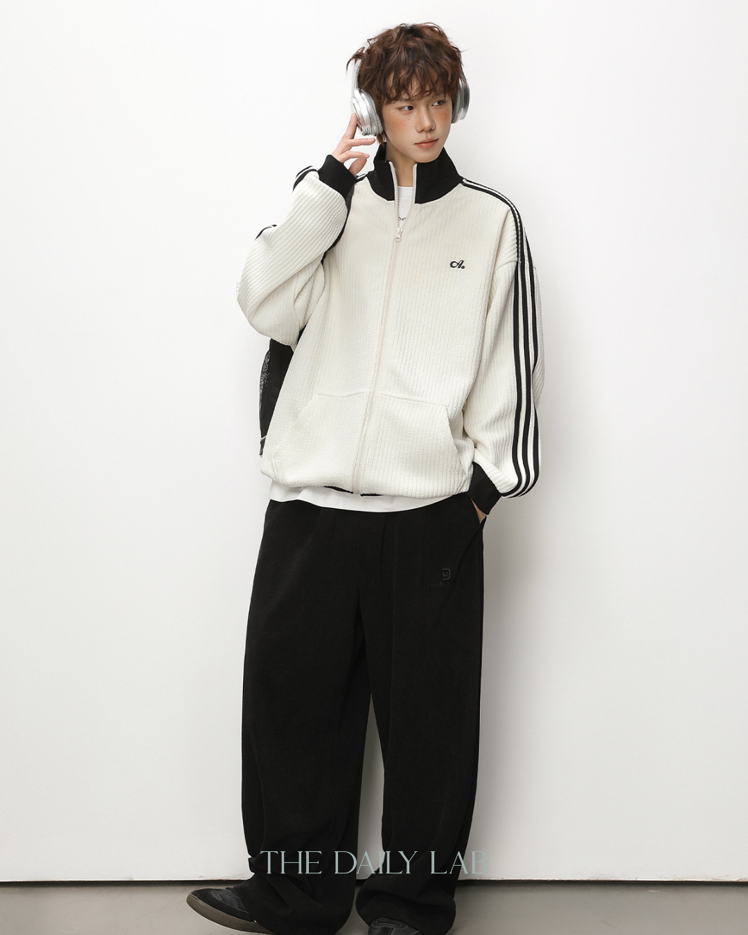 Patchwork Vertical Texture Hoodie in White
