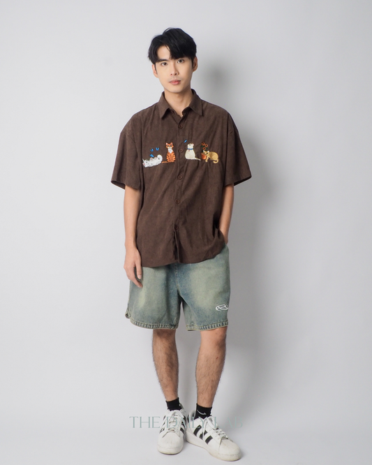 Vintage Corduroy Cat Embroidery Shirt in Brown