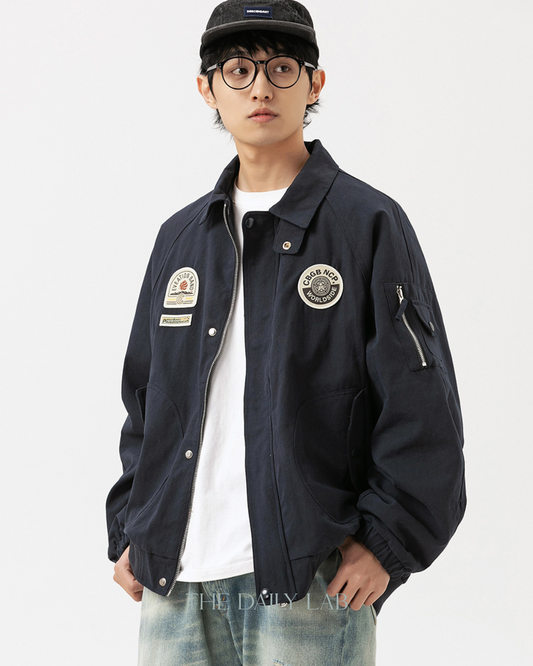 American Retro Badge Collared Bomber Jacket In Navy Blue