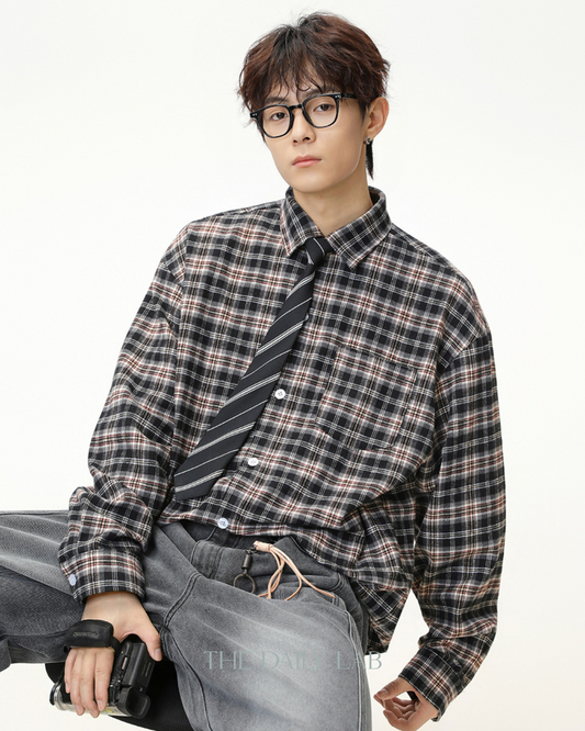 American Vintage Color-block Checkered Long Sleeve Shirt In Grey