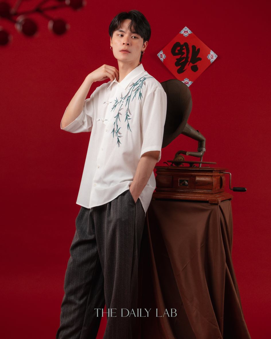 Embroidered Bamboo Chinese Shirt in White