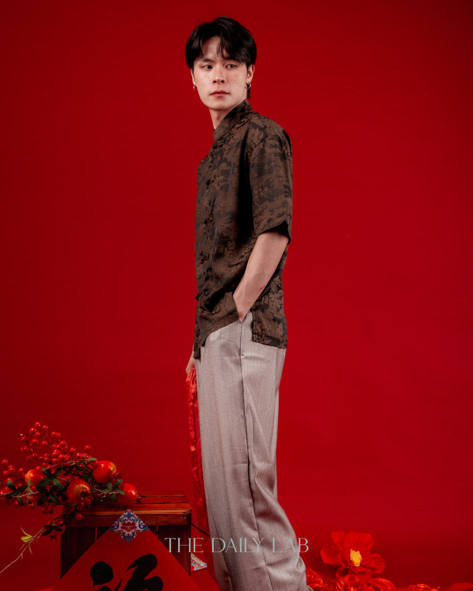 Lightweight Mandarin Collar Shirt in Brown