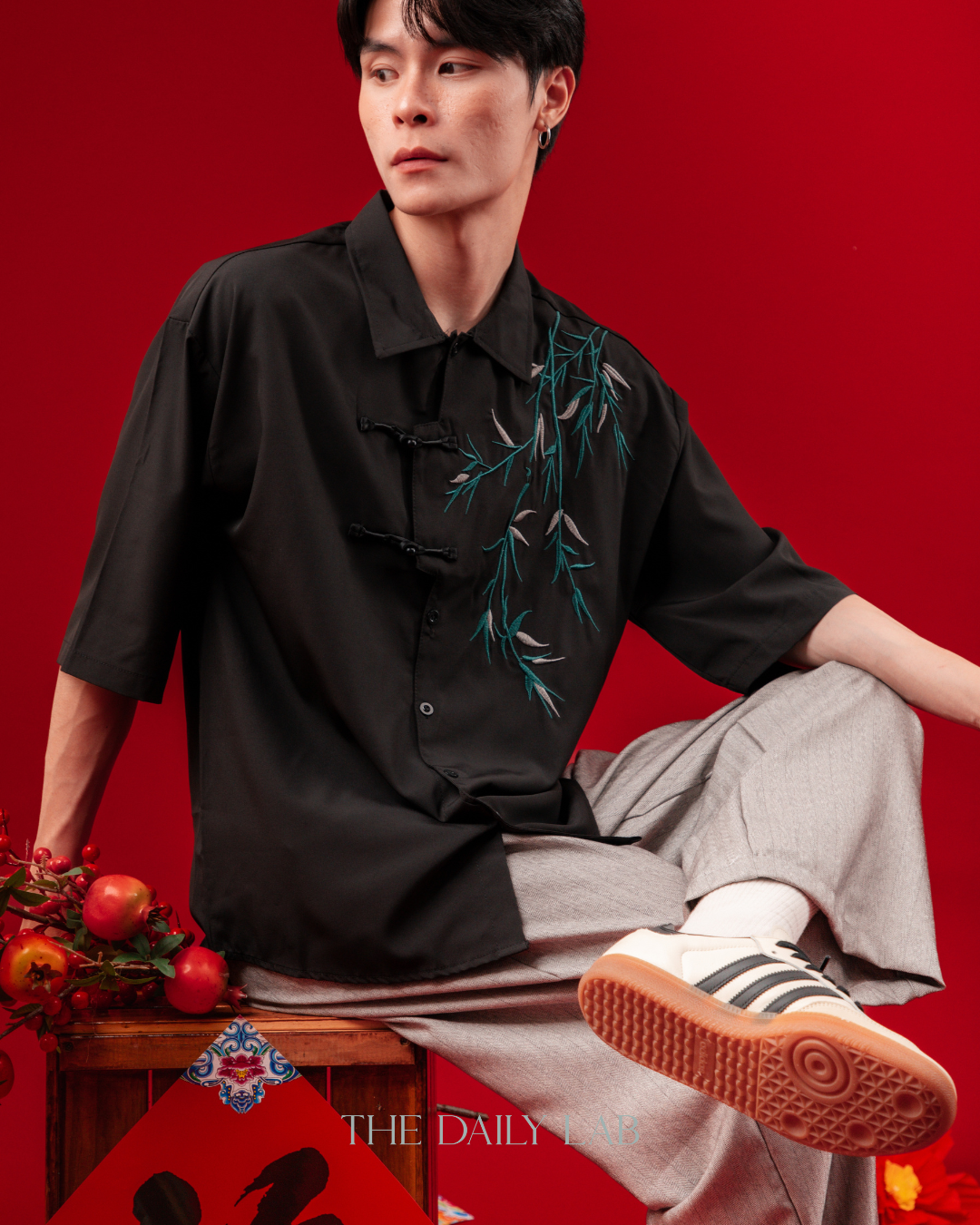 Embroidered Bamboo Chinese Shirt in Black