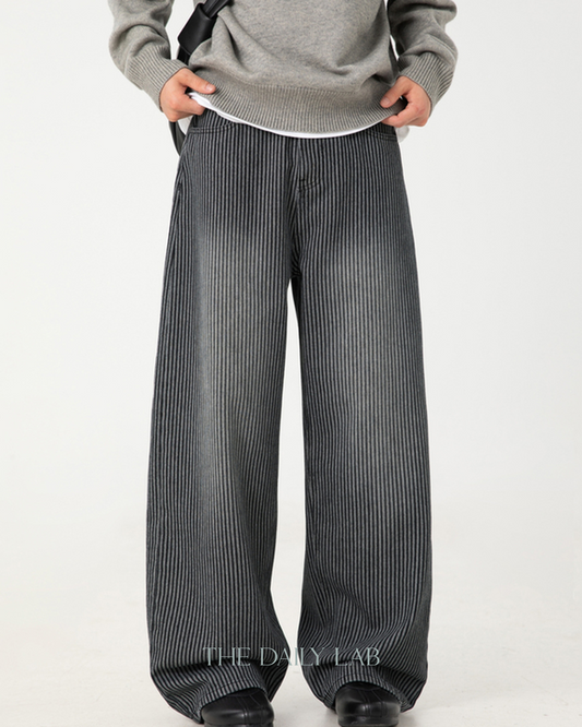 Vintage Washed Vertical-Stripe Jeans In Black