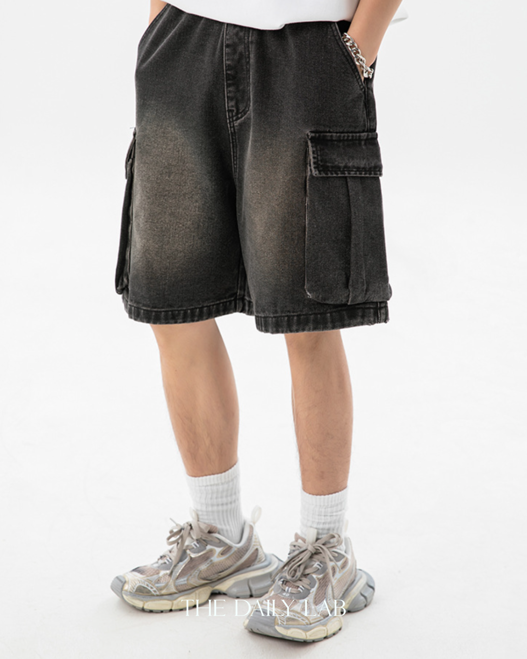 Denim Cargo Pocketed Shorts in Black