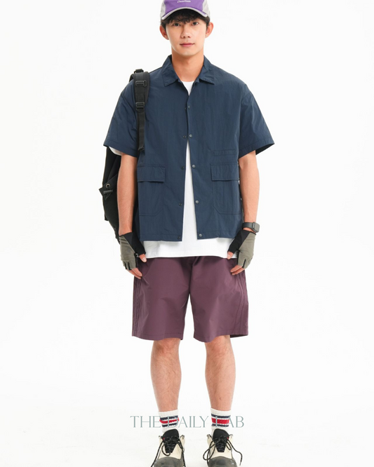 Solid Color Functional Short Sleeve Shirt In Navy Blue