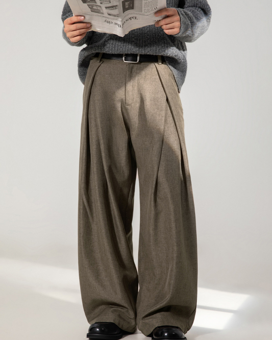 Cross-pleated design drapey casual dress pants In Brown