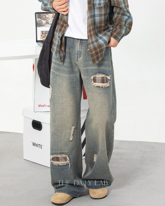 Plaid Patch Ripped Jeans in Blue
