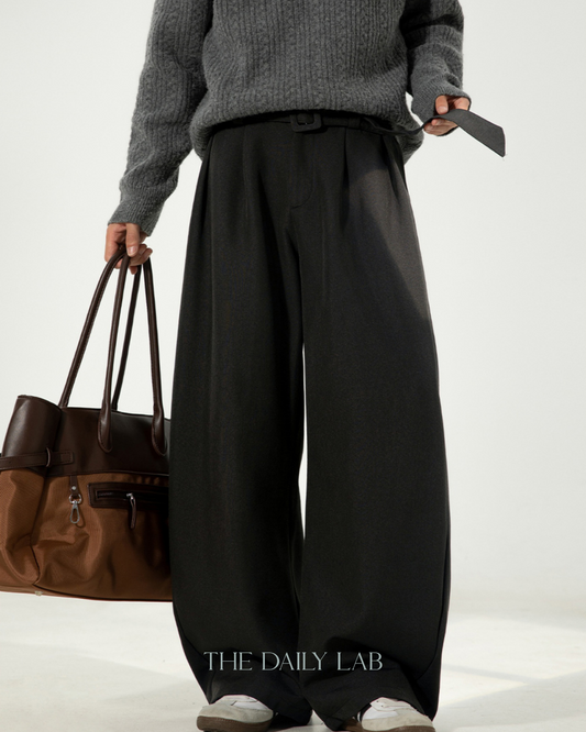 Pleated Draped Curved-Slit Suit Trousers In Black