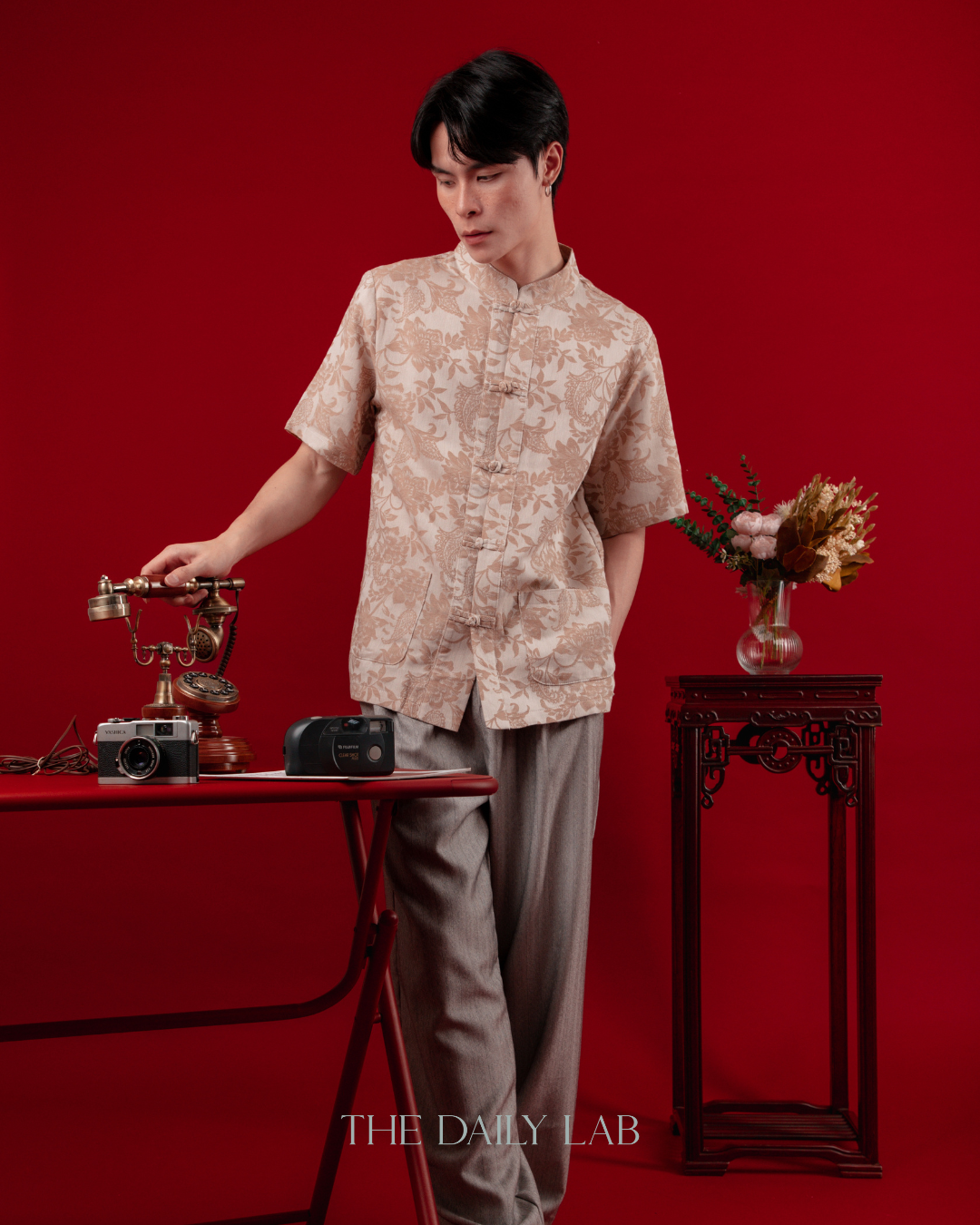 Chinese Style Floral Short Sleeve Shirt in Beige