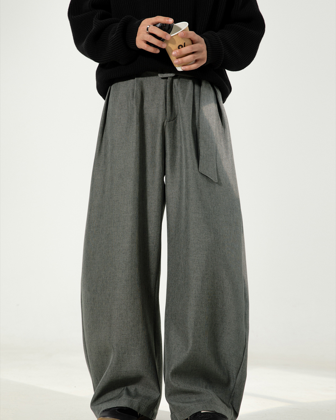 Pleated Draped Curved-Slit Suit Trousers In Dark Grey