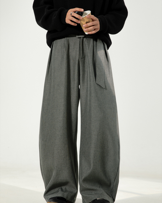Pleated Draped Curved-Slit Suit Trousers In Dark Grey