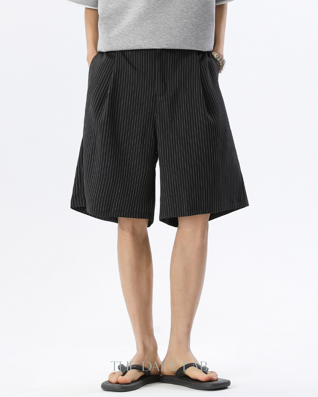 Stripe Plated Loose Casual Pants in Black
